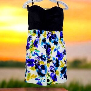 IZ Byer Sz 9 Vintage Purple/Black Floral Strapless Dress